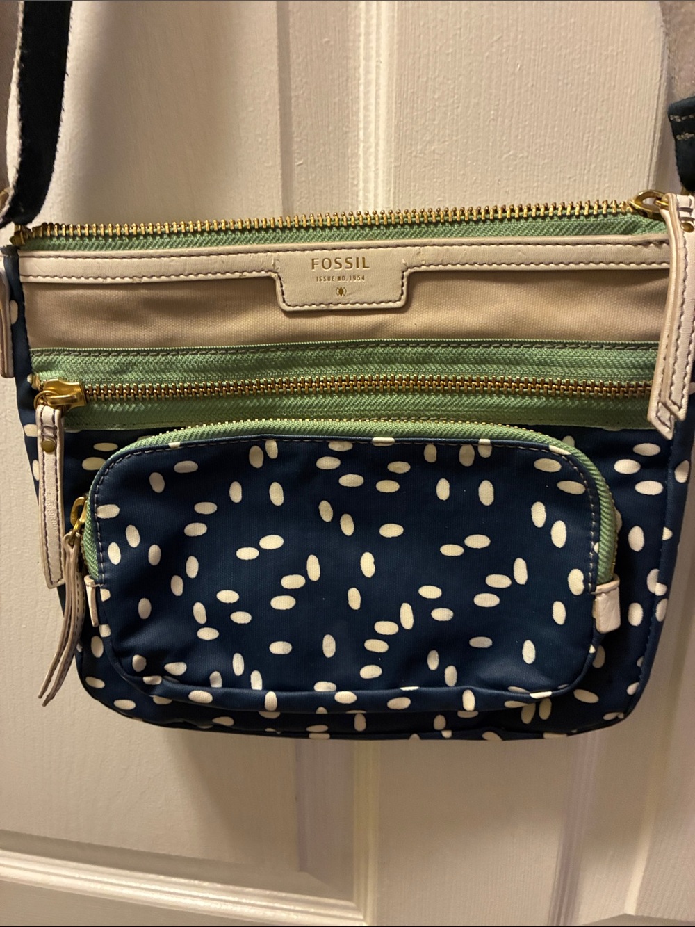 Fossil Ivy Triple Zip Navy Dot Crossbody w/Cream Trim and Green Accents
